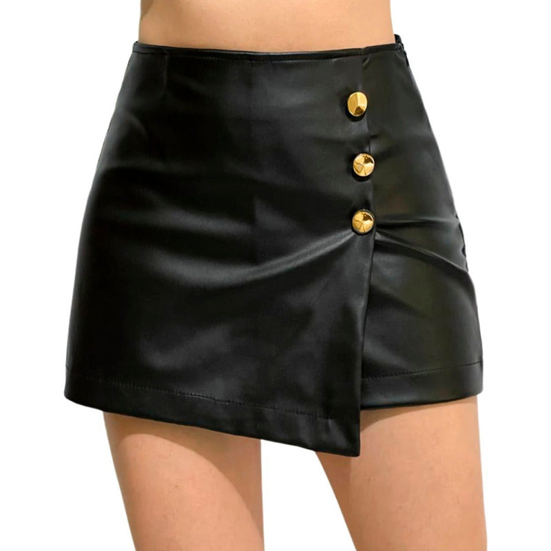 Falda Short Vinipiel Triple Botón Al Costado