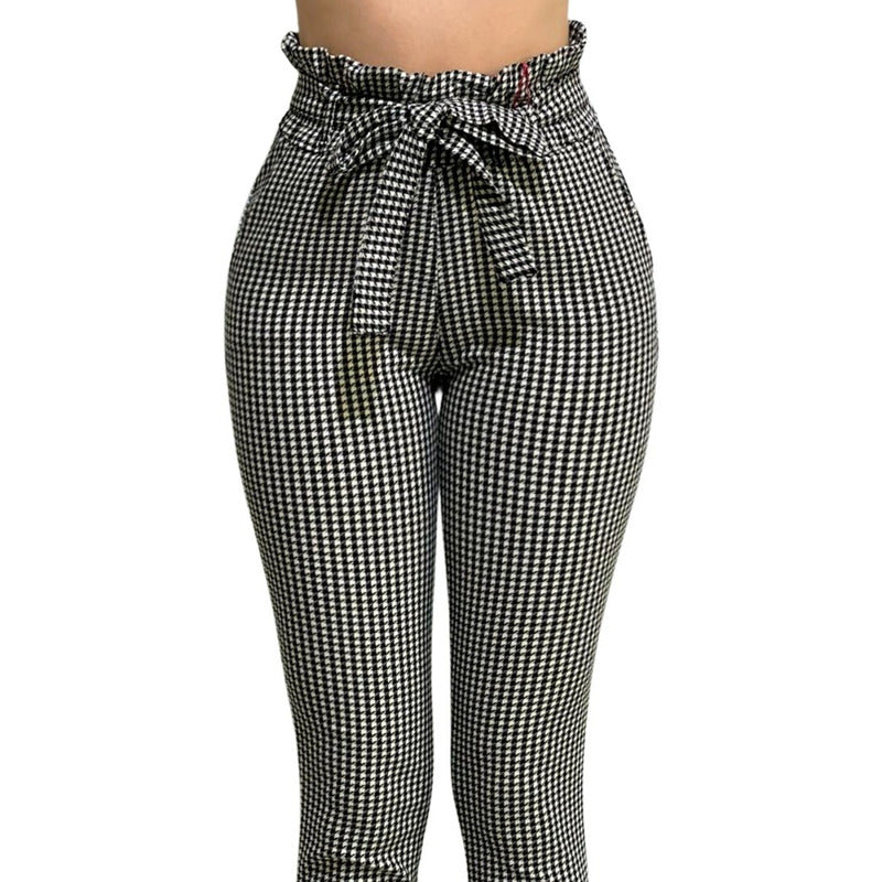 Pantalón Dama Cuadrado Cinturón Moño Cintura Plisada