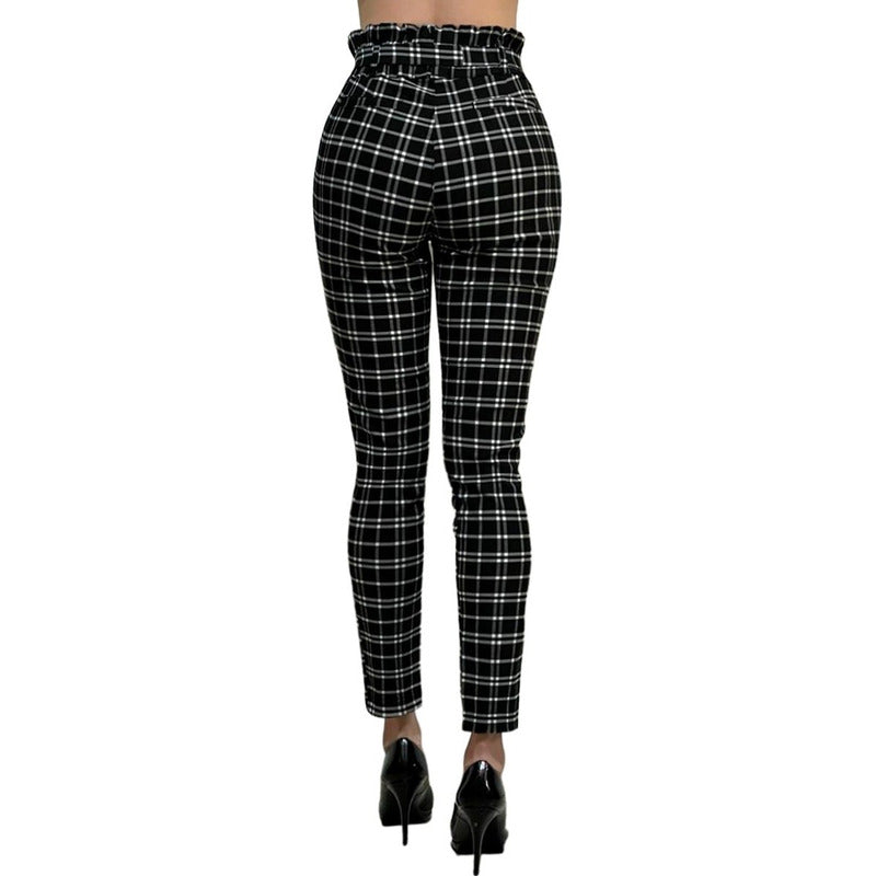 Pantalón Dama Cuadrado Cinturón Moño Cintura Plisada