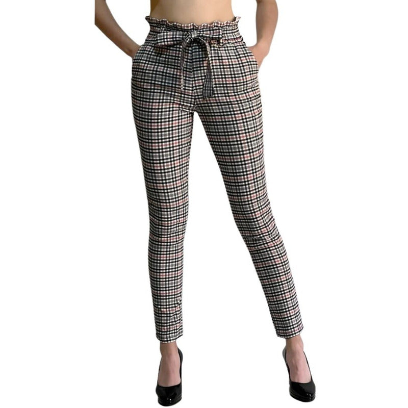 Pantalón Dama Cuadrado Cinturón Moño Cintura Plisada