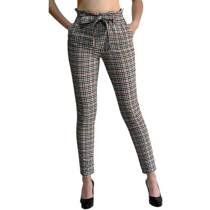 Pantalón Dama Cuadrado Cinturón Moño Cintura Plisada