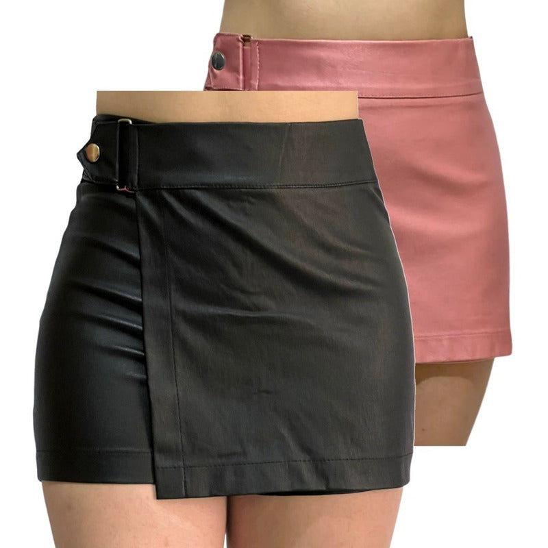 Short Falda 2 Piezas Con Broche Vinipiel + Negro Relieve