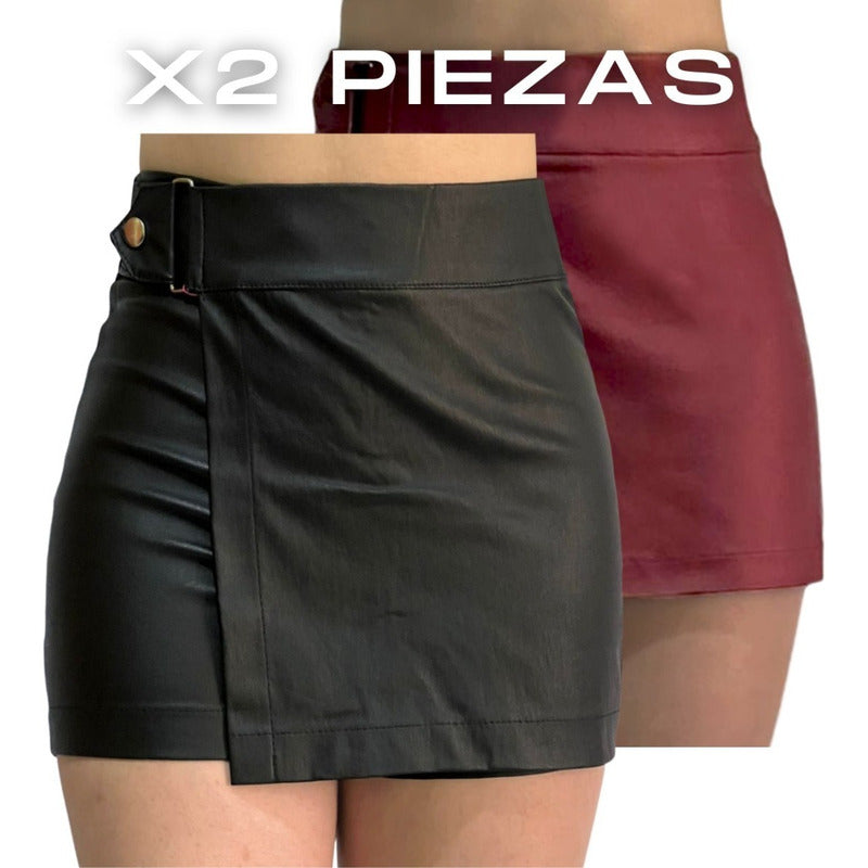 Short Falda 2 Piezas Con Broche Vinipiel + Negro Relieve