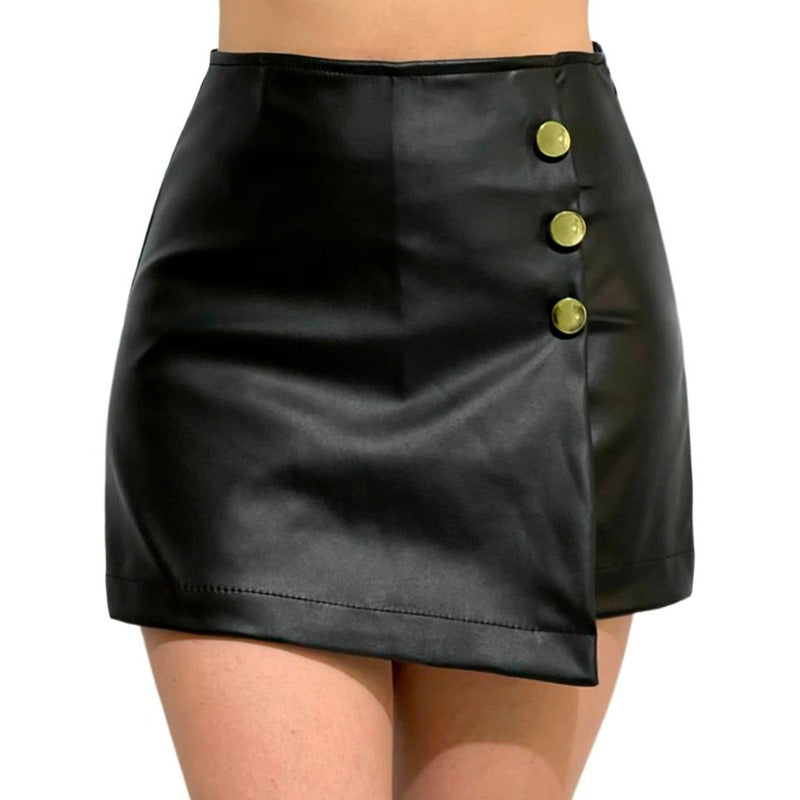 Falda Short Vinipiel Triple Botón Al Costado