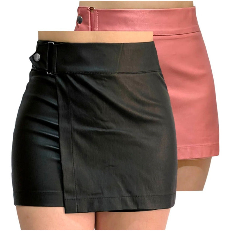 Short Falda 2 Piezas Con Broche Vinipiel + Negro Relieve
