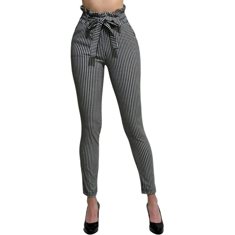 Pantalón Dama Cuadrado Cinturón Moño Cintura Plisada